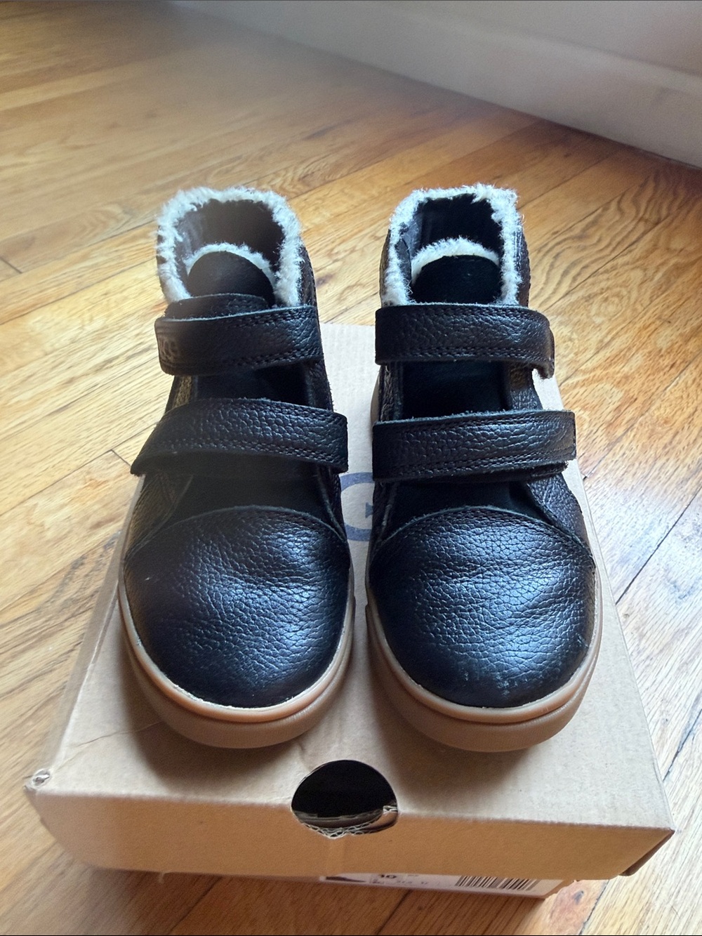 UGG Kids Black Leather Boots with Shearling Collar